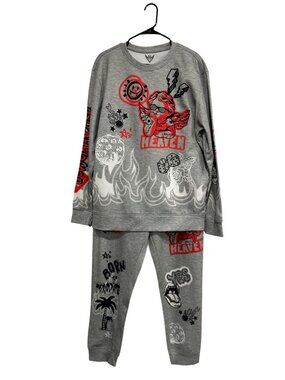Jewel House 2XL Gray Men Sweatshirt Joggers Set Flame Angel Print Grungecore Alt